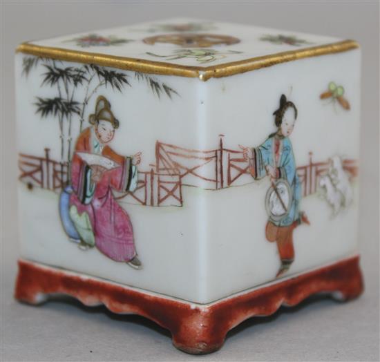 A Chinese famille rose brush rest and a similar miniature incense burner and cover, mid 19th century, 4.8cm high